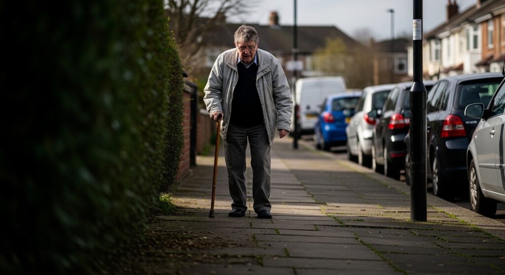 Person with walking stick demonstrating limited mobility in UK