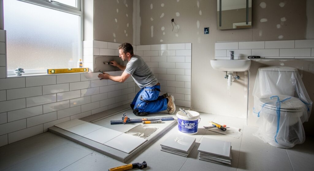 Man tiling a bathroom wall.
