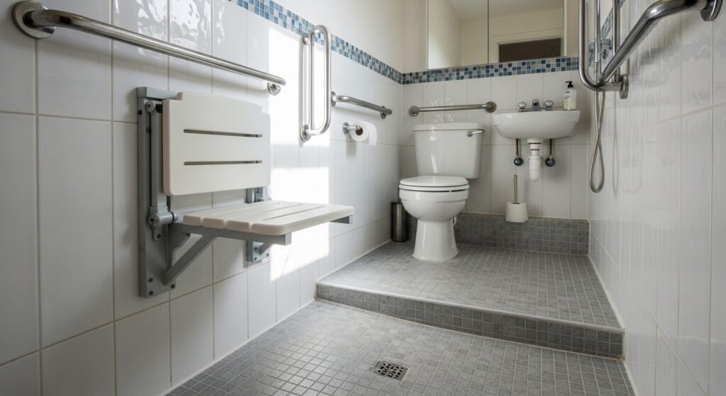 Small UK wet room with fold-down shower seat and grab rails