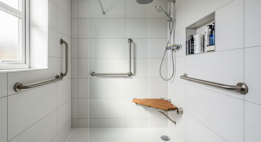 Level-access walk-in shower with seat and grab rails in UK home