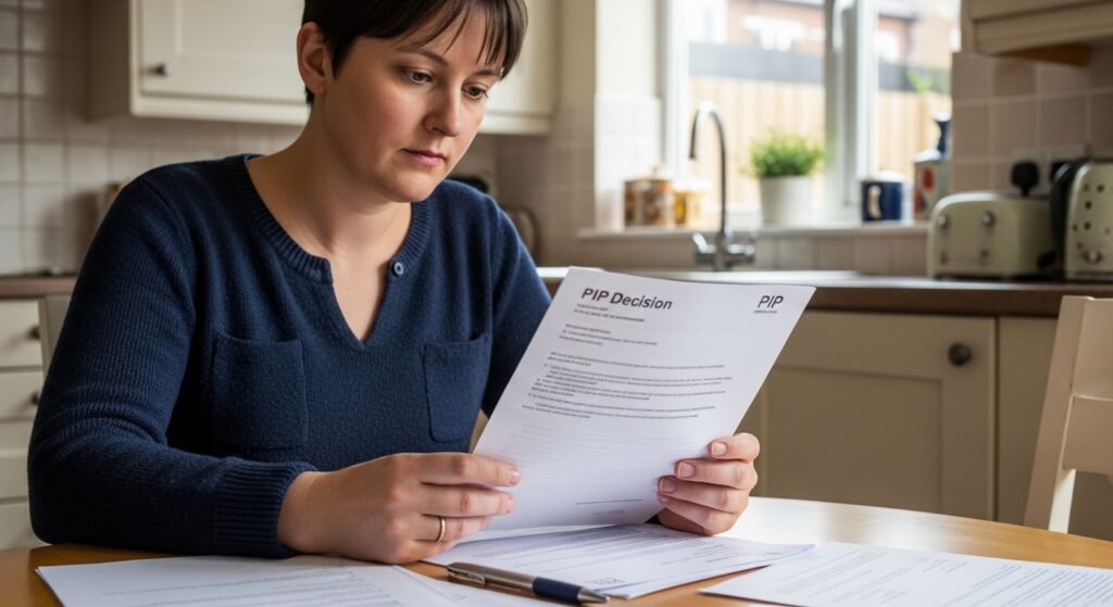 Person reviewing PIP decision letter at home in the UK before requesting Mandatory Reconsideration