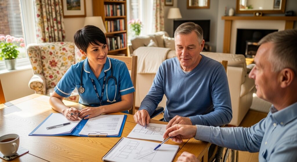 Occupational therapist assessing home for Disabled Facilities Grant in the UK
