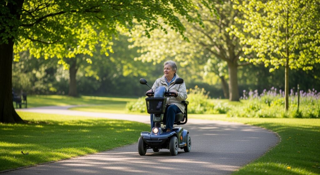Mobility scooter user in UK park environment