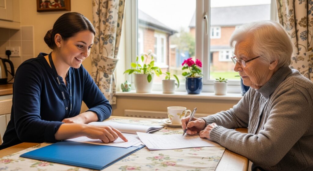 Elderly resident with support worker reviewing council tax exemption forms