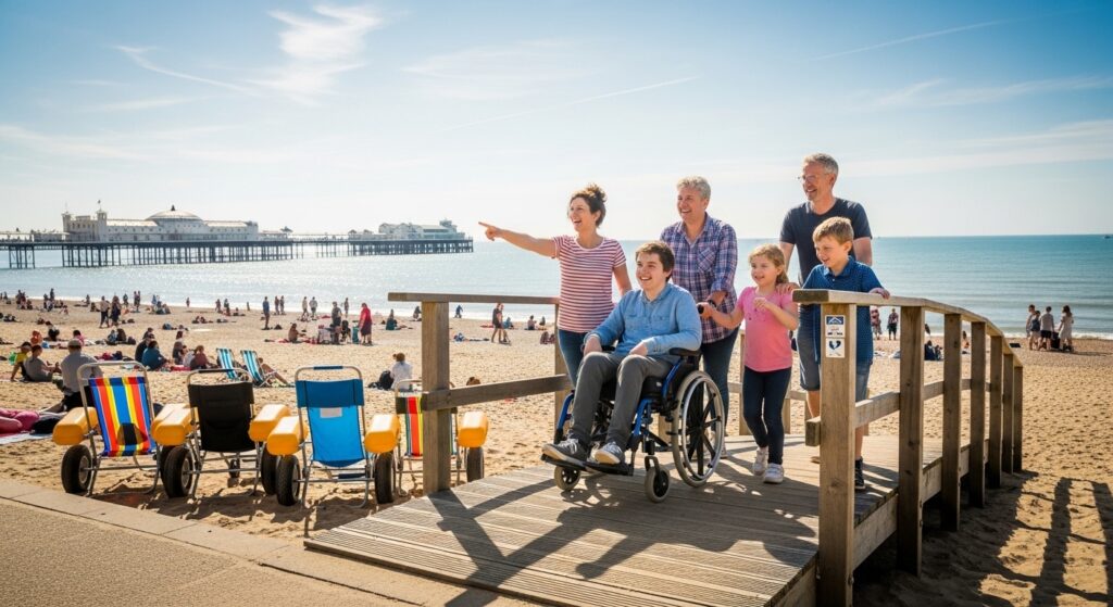 Family with wheelchair user enjoying Brighton Beach via ramp access
