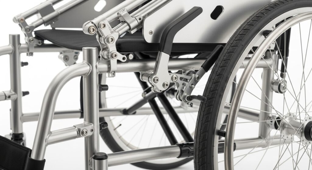 Close up of lightweight wheelchair folding mechanism