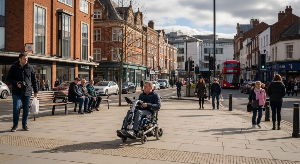 Lightweight wheelchair in UK town centre pavement