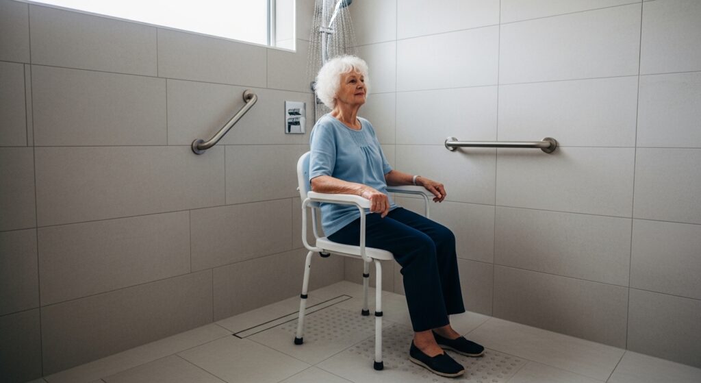 Elderly woman using adjustable shower chair in UK bathroom
