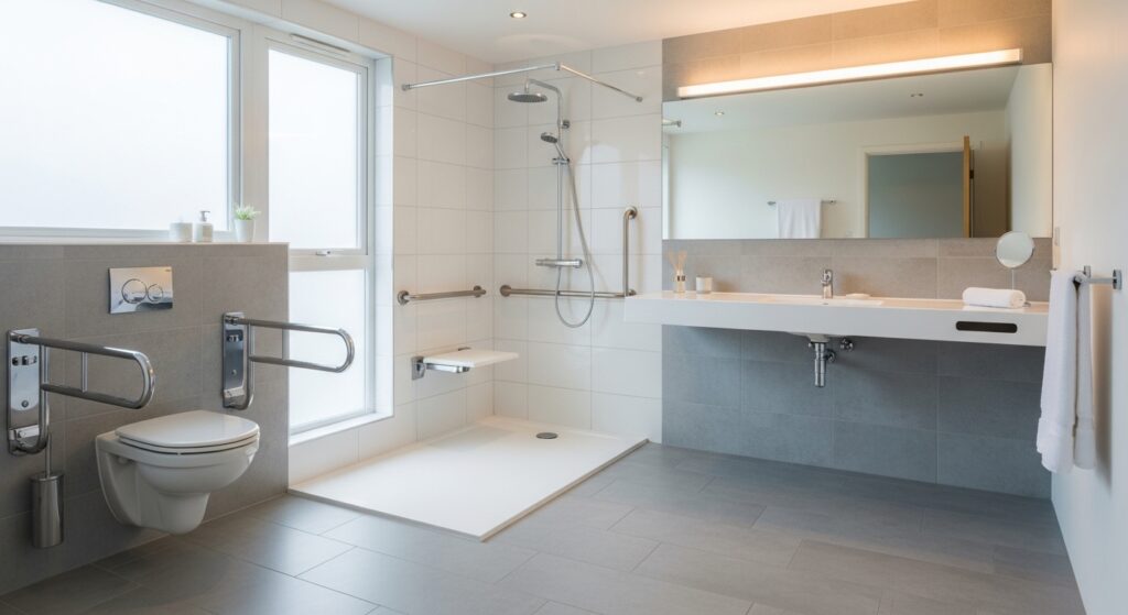 Accessible bathroom with support rails in UK home