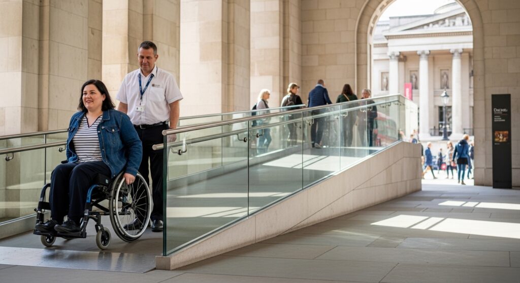 Wheelchair user accessing London attraction via step-free ramp
