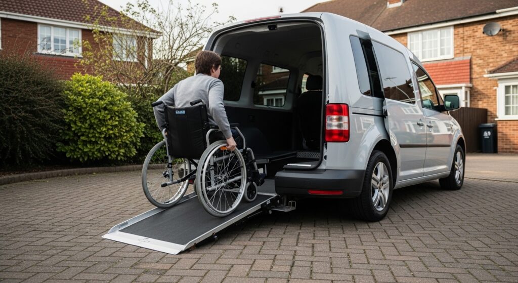 Wheelchair user boarding a Motability wheelchair-accessible vehicle in UK