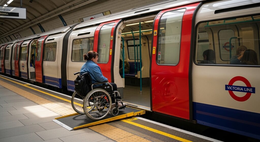 Wheelchair user boarding step-free Tube train at London station