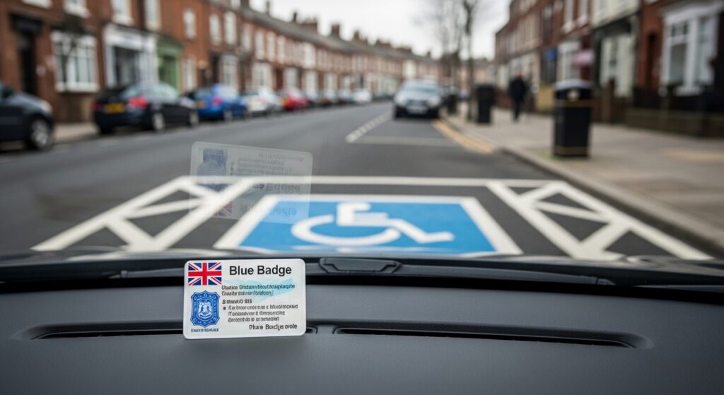 Blue Badge displayed in car parked in a designated disabled parking bay, UK
