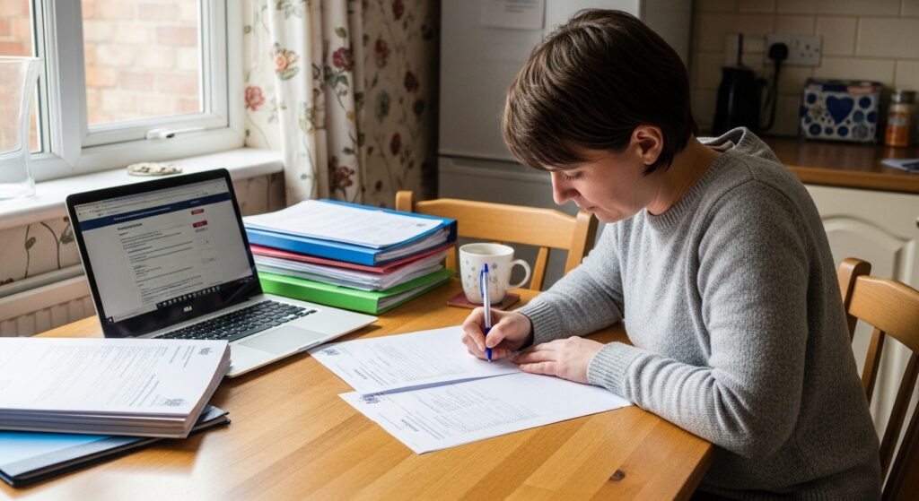 Parent applying for disability benefits at home in UK
