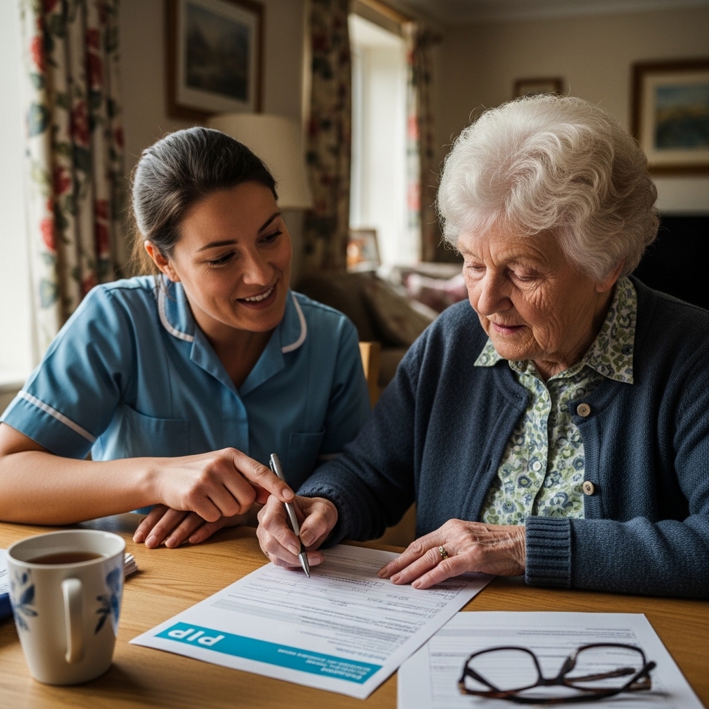 Elderly woman completing PIP form at home with caregiver assistance in the UK
