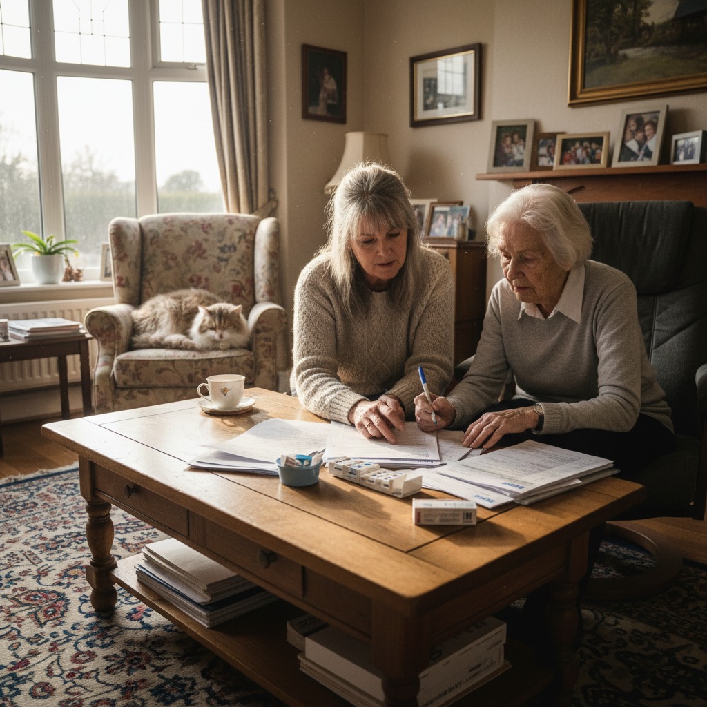 Carer helping elderly parent with medication at home in the UK