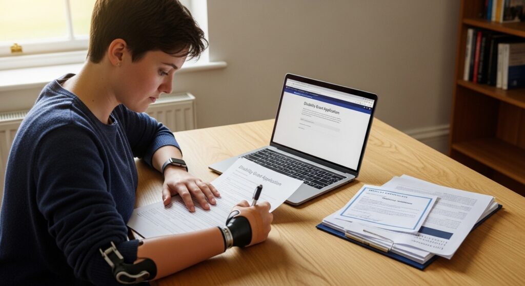 "UK student with a disability completing grant and funding applications on a laptop at a bright study desk, representing accessible financial support for 2026."
