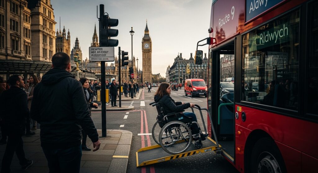 "Wheelchair user boarding an accessible bus in London, showcasing inclusive and wheelchair-friendly public transport in the UK."