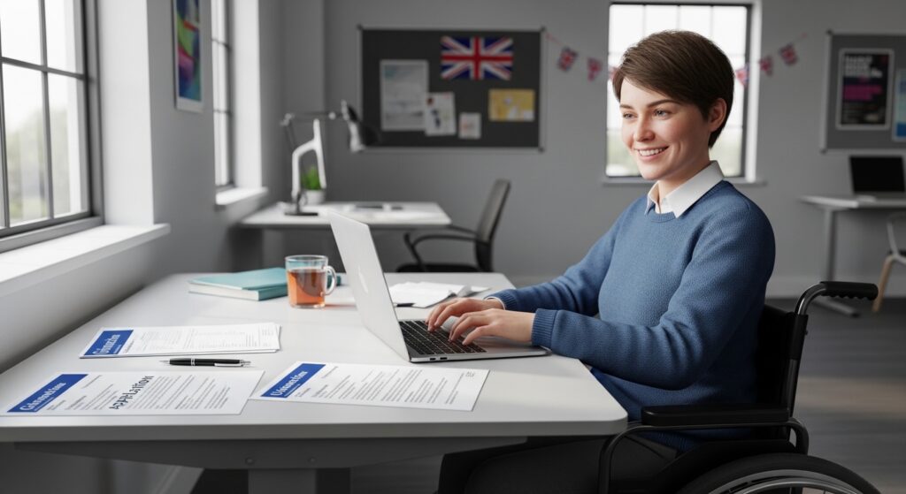 "UK student with a disability completing grant and funding applications on a laptop at a bright study desk, representing accessible financial support for 2026."