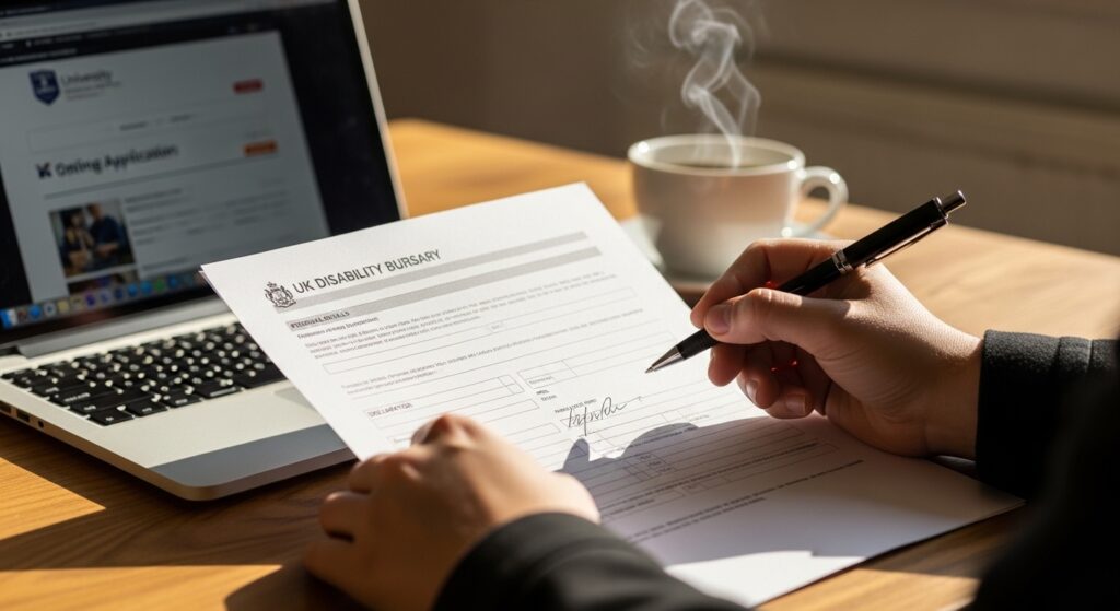 "UK student with a disability completing grant and funding applications on a laptop at a bright study desk, representing accessible financial support for 2026."
