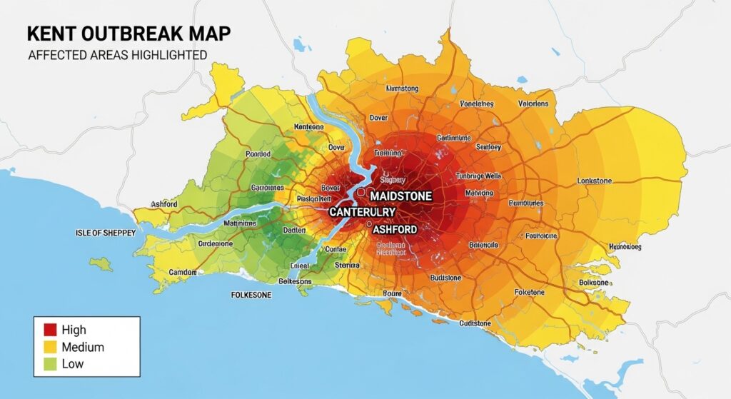 “Kent meningitis outbreak 2026 map showing affected areas around Canterbury and University of Kent”