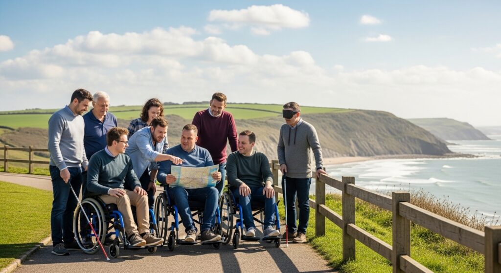"Wheelchair-friendly hotel room with accessible bathroom and wide doorways, representing inclusive accommodations for disabled travelers in the UK."