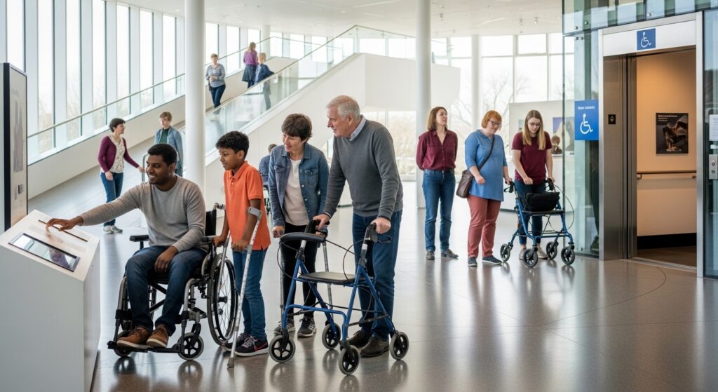 "Disabled family using ramps and lifts at a UK museum, demonstrating accessible attractions and inclusive tourism for 2026."