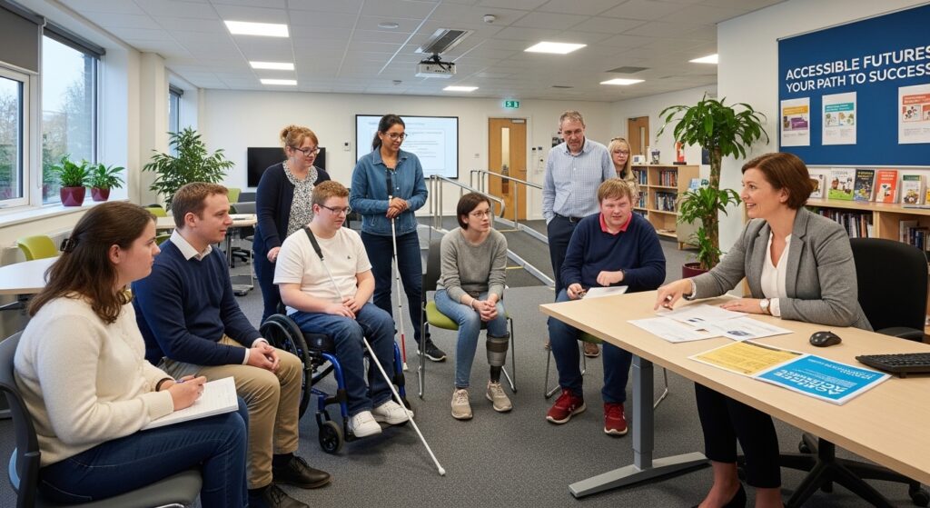 "UK student with a disability completing grant and funding applications on a laptop at a bright study desk, representing accessible financial support for 2026."
